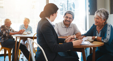 Senior couple, financial advisor and discussion with paperwork, relax conversation and retirement planning. Insurance, savings and investment with professional, pensioner people and talking in cafe