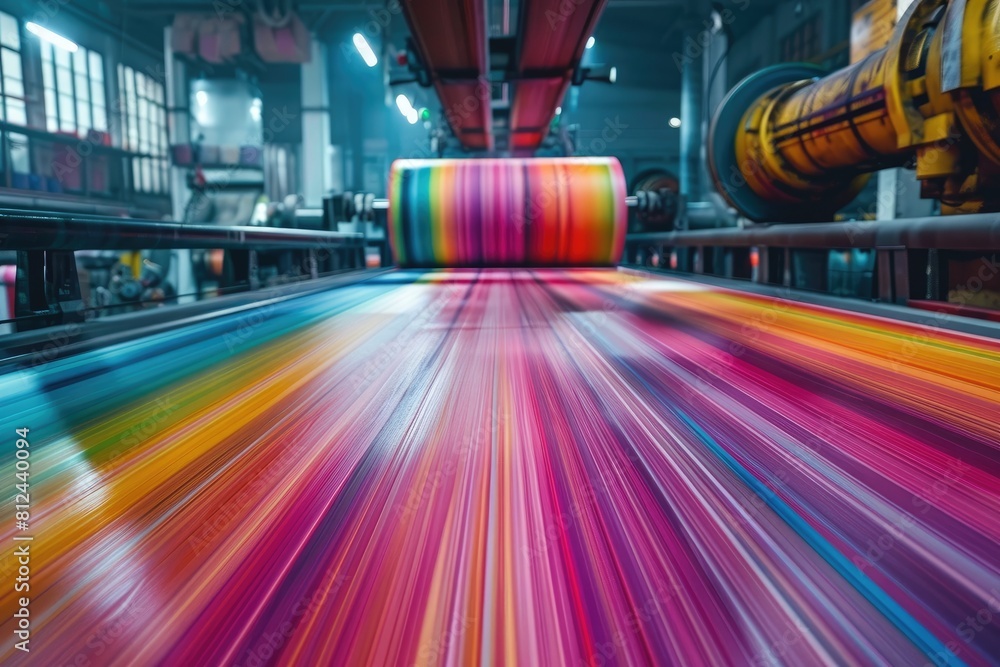 Poster a colorful roll of paper is being printed in a factory. the colors are vibrant and the roll is long,