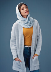 Portrait, studio and fashion with muslim woman, clothes for eid fitr or modesty for religion and...