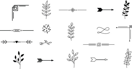 Dividers ornament, corner borders icons Set. Outline signs elements kit. Decoration icons. Decoration linear icons paper break, book decorations. Hand drawn vectors isolated on transparent background.