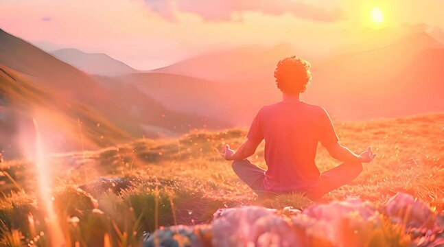a person is sitting in mediation with a mountain background