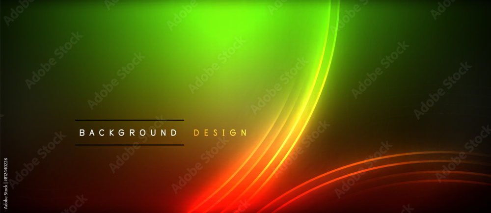 Poster Vibrant amber neon waves illuminate the dark sky, resembling an astronomical object. The colorful tints and shades create a mesmerizing circle of light, resembling a gas giant in a graphic art style