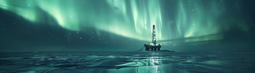 Drilling for Crude Oil in Arctic Oilfield Under Northern Lights. 