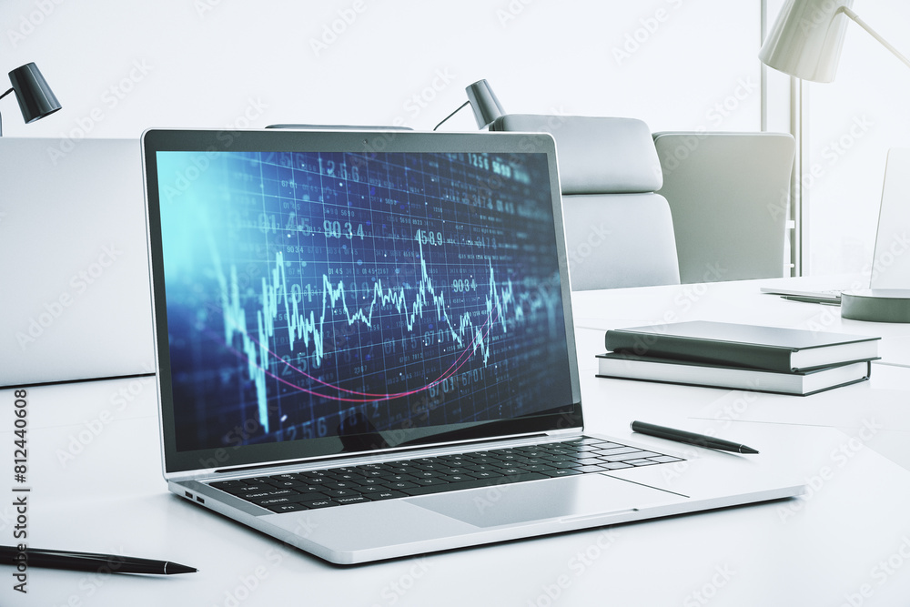 Poster abstract creative financial graph on modern laptop screen, forex and investment concept. 3d renderin