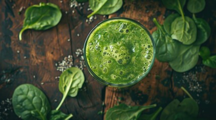 A green smoothie with spinach or other green vegetables and fruits. Wooden background, top view.