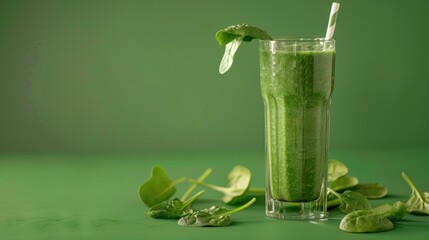 Green smoothie with spinach or other green vegetables and fruits on a green background.