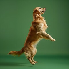 Full body of golden dog jumping on green screen background - obrazy, fototapety, plakaty