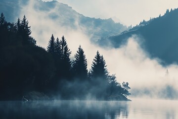 misty morning on the lake - obrazy, fototapety, plakaty
