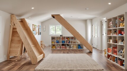 Modern minimalist playroom with a built-in slide and climbing structure. Close up - Powered by Adobe