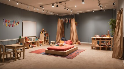 Aesthetic playroom with a stage for kids to put on performances and express their creativity. Close up
