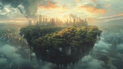 A surreal depiction of Earth, halflush forest and halfurban, showing the balance between development and nature