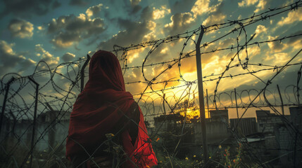 A woman standing at the back of a barbed wire fence, looking towards the sunset. The image evokes themes of confinement, longing, and resilience, symbolizing the struggle for freedom and hope amidst a