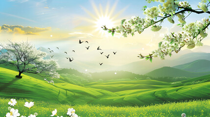 Fototapeta premium Serene landscape, green hills, sunny sky, blooming tree, nature scenery