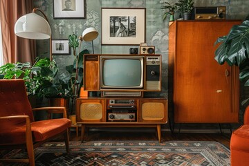 A living room with a brown wooden television stand and a brown wooden cabinet. There are two chairs and a rug in the room