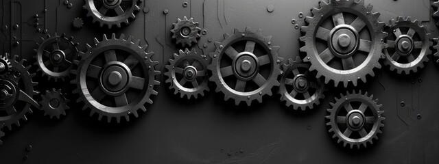 Intricate Black Gears and Cogs on a Dark Textured Background - obrazy, fototapety, plakaty