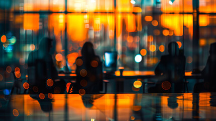 Business people having a meeting in a conference room with a cityscape and vibrant lights in the background. Blurred silhouettes and reflections create a dynamic and modern corporate atmosphere, symbo