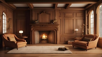 A cozy wood-paneled room with a crackling fireplace --ar 3:2 --v  - obrazy, fototapety, plakaty