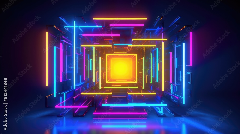 Poster futuristic neon light portal in a reflective surface. luminous neon light portal with square shape w