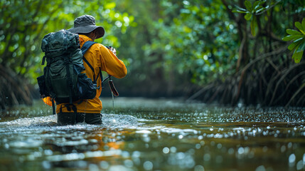 A visually rich composition featuring a photographer wading through knee-deep water in a remote mangrove swamp, capturing the intricate beauty of exotic wildlife with each click of