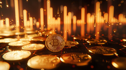 Golden coins with economic charts and one gold coin prominently displaying the Bitcoin symbol. This image captures the essence of cryptocurrency, financial growth, and digital economy. Highlighting th