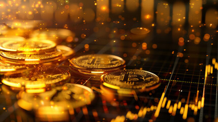 Golden coins with economic charts and one gold coin prominently displaying the Bitcoin symbol. This image captures the essence of cryptocurrency, financial growth, and digital economy. Highlighting th