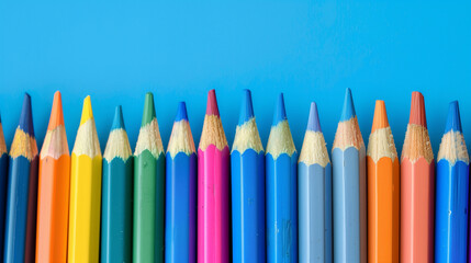 Row of colored pencils. Vibrant colored pencils arranged in a row against a blue background, emphasizing the spectrum of colors for educational or creative projects. AI generative..