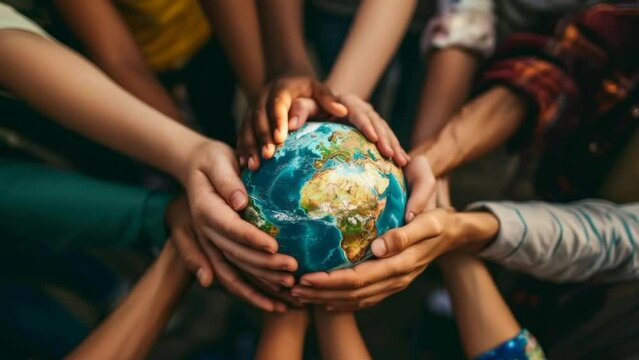  Illustrate unity and diversity with diverse hands holding a globe, symbolizing teamwork, racial equality, and multicultural collaboration towards shared global objectives. Ideal for inclusive divers