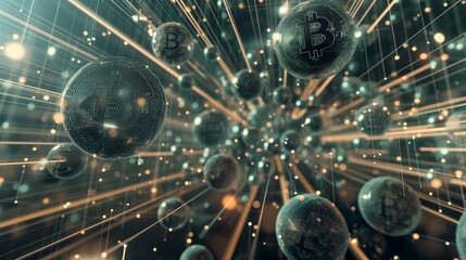 Bitcoin Symbol in Futuristic Digital Cyberspace - obrazy, fototapety, plakaty