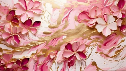 Pink petals, bloom flower swirls, gold painted lines, abstract marbled stone ink liquid fluid painted painting texture luxury background banner - obrazy, fototapety, plakaty