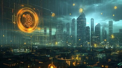 Giant Bitcoin Icon in Digital Skyscraper Cityscape - obrazy, fototapety, plakaty
