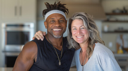 Happy Interracial Couple Smiling Together in Modern Kitchen. Middle-aged African American Man and Caucasian Woman Embracing and Enjoying Quality Time at Home. Celebrating Diversity, Love, and Joyful M
