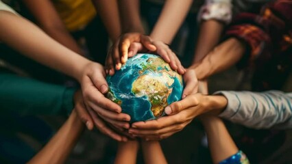  Illustrate unity and diversity with diverse hands holding a globe, symbolizing teamwork, racial equality, and multicultural collaboration towards shared global objectives. Ideal for inclusive divers