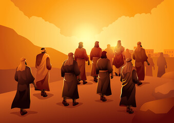 Jesus Christ and his twelve disciples entering a town to spread his teachings. With a backdrop of hills and serene surroundings, captures the essence of spiritual guidance and communal devotion