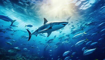 Fototapeta premium Groups of giant Tuna fish in the underwater, coral reef, amazing underwater life, various fish and exotic coral reefs, ocean wild creatures background
