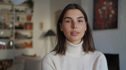 Calm young woman with long brown hair wearing a cozy white turtleneck sweater, sitting in a modern and warmly lit living room. She looks serene and relaxed, with a backdrop of shelves filled with book