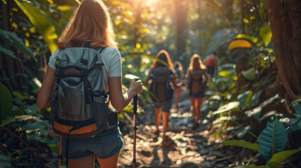 Naklejka premium Group of Young Backpackers Trekking in Lush Green Forest Path