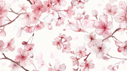 Blossoming cherry branches in watercolor, signifying spring in a delicate manner seamless pattern