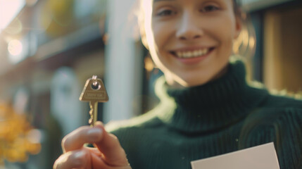 Close-Up of a Smiling Woman Holding Keys to Her New Home, Celebrating New Beginnings in a Bright and Sunny Setting