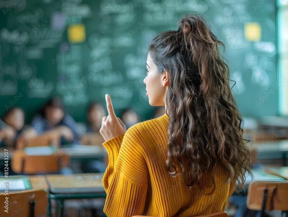 Poster teacher communicating with students using sign language in classroom setting