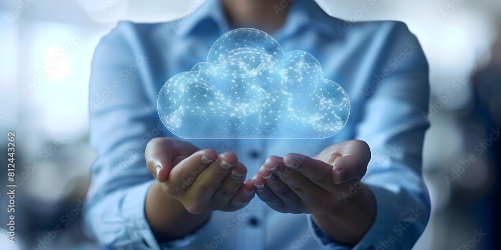 Poster cloud computing concept with glowing cloud in hands showing guide on starting a cloud consulting bus