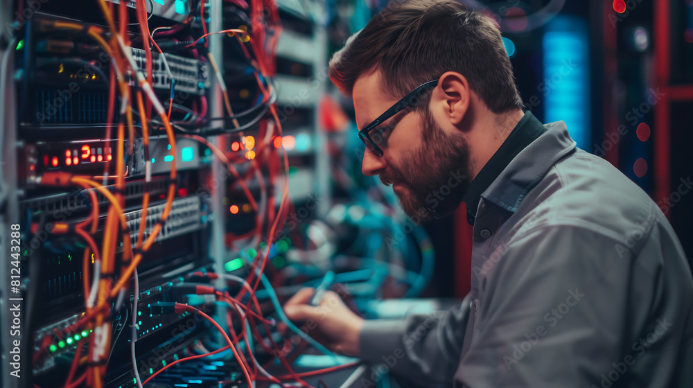 Poster man with glasses and a beard working in the server room of an it company, which is filled with wires