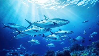 Fototapeta premium Groups of giant Tuna fish in the underwater, coral reef, amazing underwater life, various fish and exotic coral reefs, ocean wild creatures background