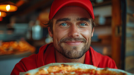 A handsome man with cute smile and happy mood, holding and serving an Italian pizza to a customer and looking at the camera   