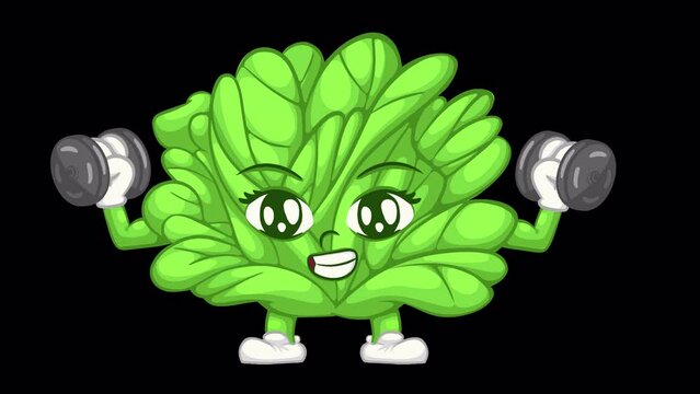 Spinach cartoon character lifting dumbbells. humanized spinach vegetable doing workout. healthy lifestyle concept, animation video with alpha channel
