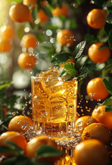 Glass of whiskey on the rocks with orange and leaves of the orange tree