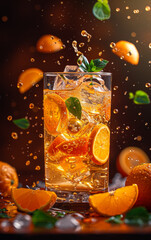 Fresh summer orange drink with ice cubes slices of orange and leaves of mint on dark background