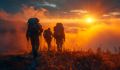 Fototapeta premium Two hikers go to the top of the mountain. Beautiful sunset landscape with clouds and sun