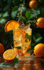 Fresh orange juice splashing into glass with oranges and mint on wooden table