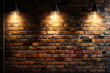 Hanging spotlight illuminate at brick wall background with copy space