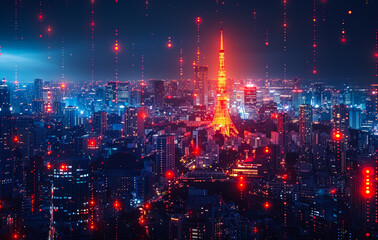 Fototapeta premium Night cityscape with red light trails over Tokyo Japan. Tokyo is the capital city of Japan and one of the most populous metropolitan areas in the world.